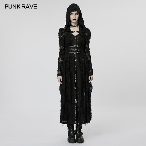 WY-1476XCF Darkness Gothic Rose Pattern Independent Two-Piece Knitted Broken Hole Halter Hooded Long Dress Coat