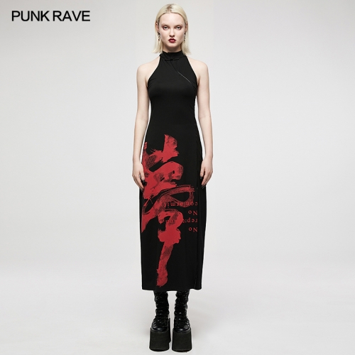 Dark Chinese Style Handwritten Ink Print Dress OQ-013LQF