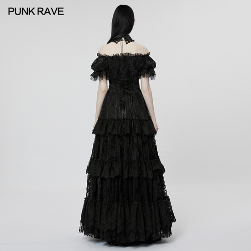 Goth Hallowmas Dark Lace Flocking Dress Wedding Gown Party Dress WQ-613LQF