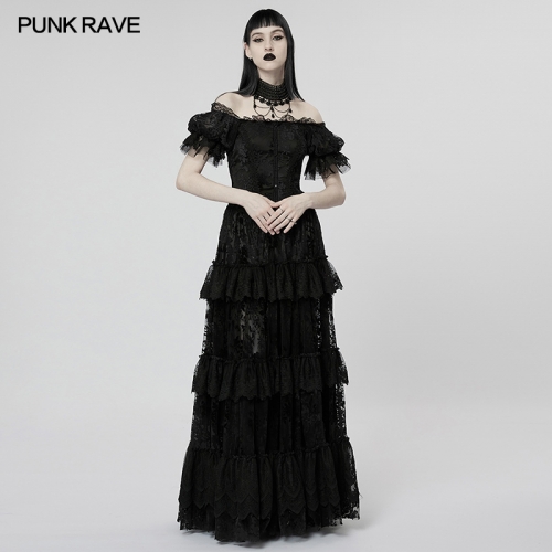 Goth Hallowmas Dark Lace Flocking Dress Wedding Gown Party Dress WQ-613LQF