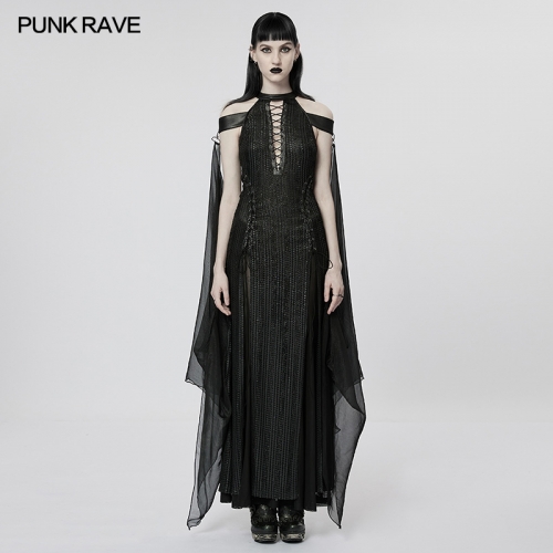 Goth Sexy Halter Neck Deep V High Slit Chiffon Dress Evening Party Dinner Gown WQ-627LQF