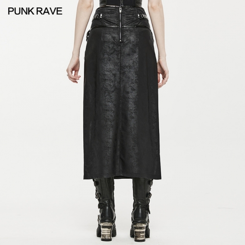 Punk Heavy Industry Crack PU High Slit Straight Half Skirt OPQ-1387BQF