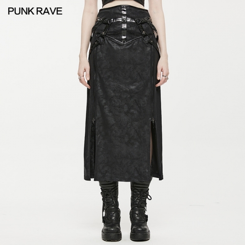 Punk Heavy Industry Crack PU High Slit Straight Half Skirt OPQ-1387BQF