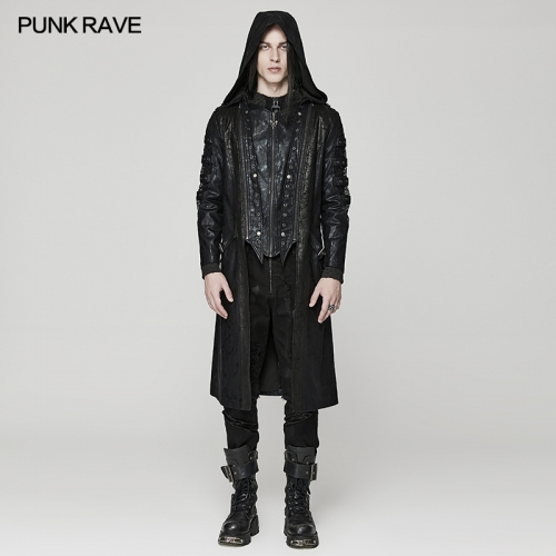 Handsome Punk Heavy Industry Hooded PU Zipper Long Jacket WY-1471XCM