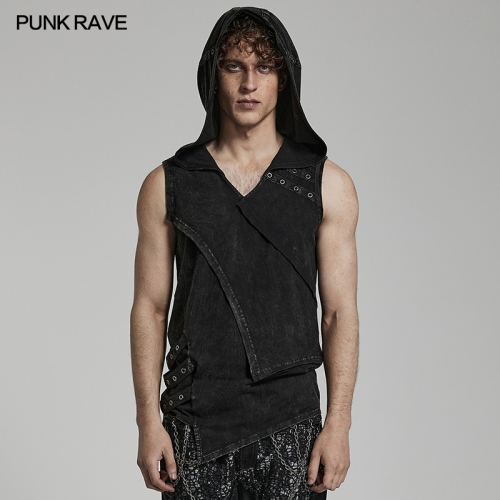 WT-770BXM Asymmetrical Double-Layer Design Punk Washed Out Denim Hooded Vest