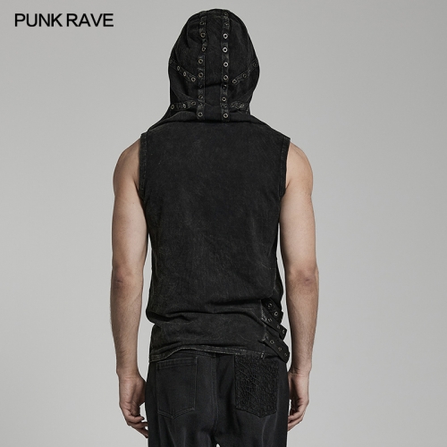 WT-770BXM Asymmetrical Double-Layer Design Punk Washed Out Denim Hooded Vest