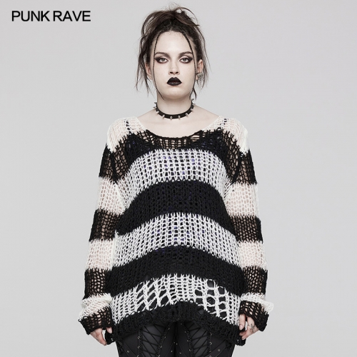 Punk Rave Decayed Pullover Sweater WM-072DYF BK-WH