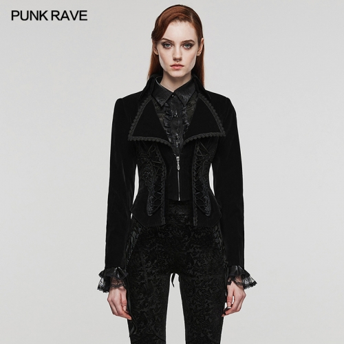 Punk Rave WY-1535 Drawstring And Fan-Shaped Small Dovetail Gorgeous Decals Velveteen Fabric Eye-Catching Large Lapel Collar Goth Jacket