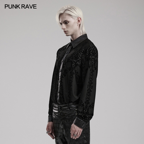 Punk Rave WY-1554CCM Elegant Elastic Knitted Fabric And Leather Unique Aesthetic Positioning Flocking Pattern Skull Buttons Goth Shirt