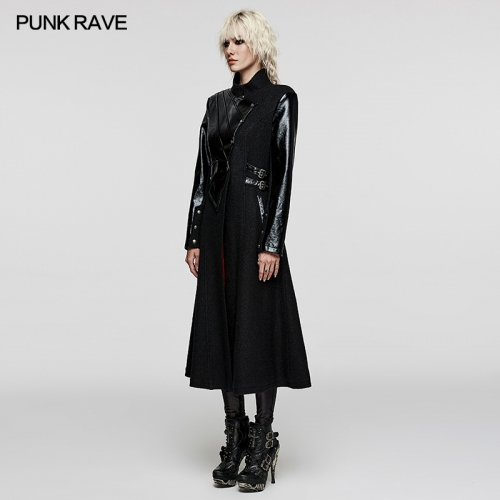 Punk Rave WY-1532ECF Drawstring Diagonal Pockets Creative Irregular Faux Leather Splicing Faux Leather And Woolen Fabric Gothic Thick Coat