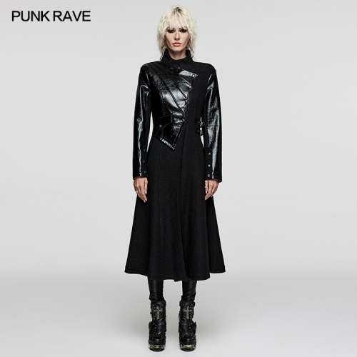 Punk Rave WY-1532ECF Drawstring Diagonal Pockets Creative Irregular Faux Leather Splicing Faux Leather And Woolen Fabric Gothic Thick Coat