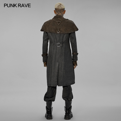 PUNK RAVE WY-1412XCM Cowboy Vintage Jacket Mens Autumn Winter Punk Fake Two Cape-Style Long Coats