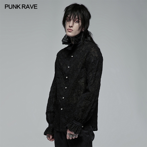 Punk Rave Gothic Dark Textured Shirt WY-1381XCM Men's Black Lace Shirt With Tie Ruffle Blousegents' Fine Shirts