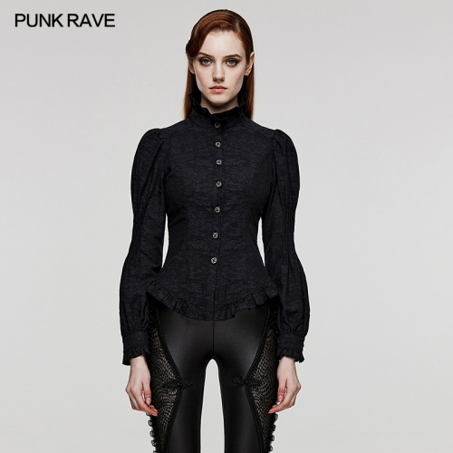 PUNK RAVE WY-1527CCF Vintage Court Style Shirt Goth Jacquard Puff Sleeves Stand Collar Shirt Women Slim Fitting Waistband Blouse