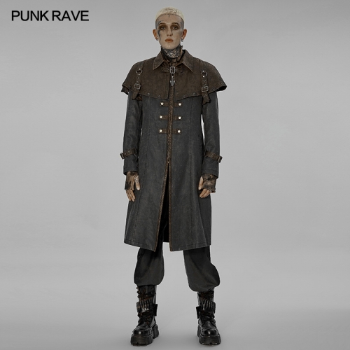 PUNK RAVE WY-1412XCM Cowboy Vintage Jacket Mens Autumn Winter Punk Fake Two Cape-Style Long Coats