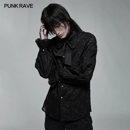 PUNK RAVE Gothic Dark Textured Shirt WY-1381XCM  Men's Black Lace Shirt With Tie Ruffle BlouseGents' Fine Shirts