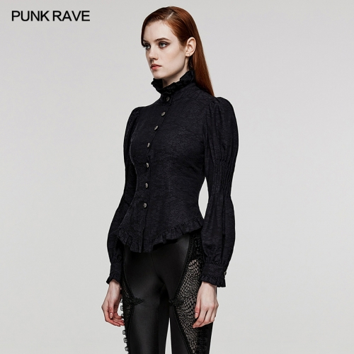PUNK RAVE WY-1527CCF Vintage Court Style Shirt Goth Jacquard Puff Sleeves Stand Collar Shirt Women Slim Fitting Waistband Blouse