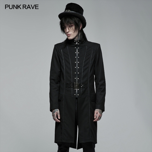 Punk Rave WY-1371XCM Goth Handsome Men Medium Length Coat Black Skeleton Embroidered Zipper Jacket