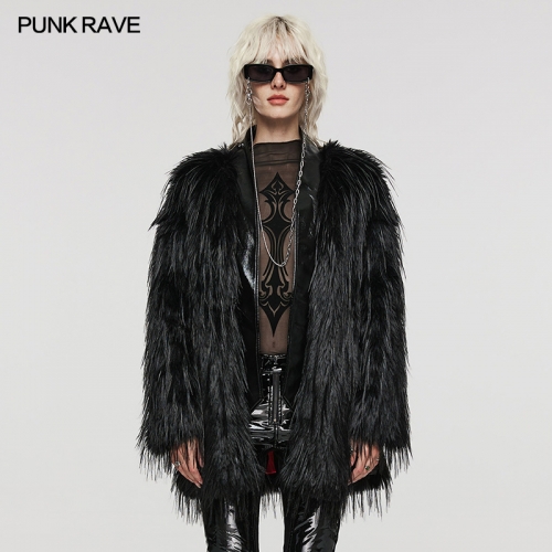 PUNK RAVE WY-1499DQF Women Fashion Faux Fur Coat Ladies Winter Elegant Noble Mid Length Thick Faux Fur Coat