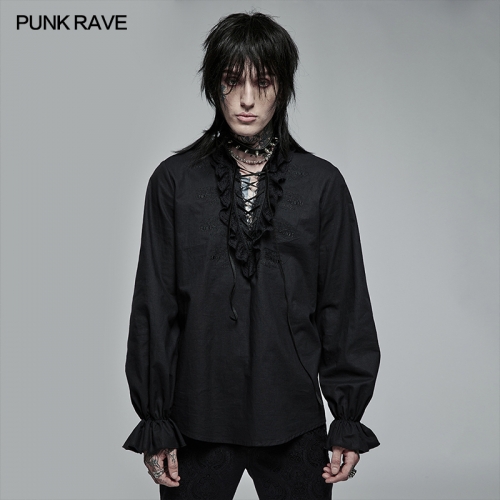 Punk Rave WY-1367XCM Original Design Goth Skeleton Embroidered Black Man Shirt Ruffles Stand Lace Collar Spring Cotton Blouse