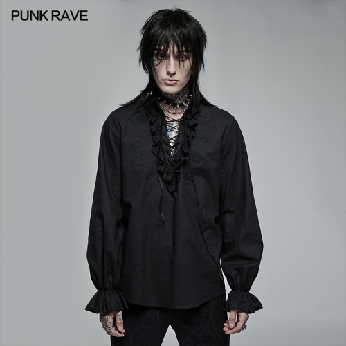 Punk Rave WY-1367XCM Original Design Goth Skeleton Embroidered Black Man Shirt Ruffles Stand Lace Collar Spring Cotton Blouse