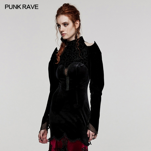 Punk Rave WY-1522XDF Drawstring Hollow Pointed Design Stand Up Collar And Leg-Of-Mutton Sleeves Jacquard Fabric And Velvet Gothic Bolero