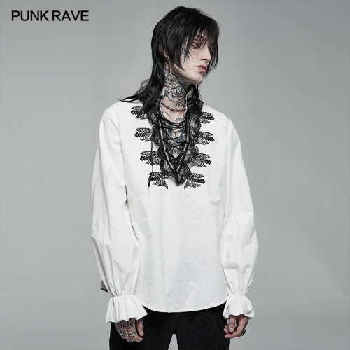 Punk Rave WY-1367XCM Original Design Goth Skeleton Embroidered Black Man Shirt Ruffles Stand Lace Collar Spring Cotton Blouse
