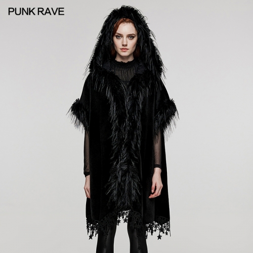 Punk Rave WY-1519DPF Flowing Long And Short Hairs Goth Loose Hooded With Bat Sleeves Woven Fabric With Cashmere Texture Bat Cloak