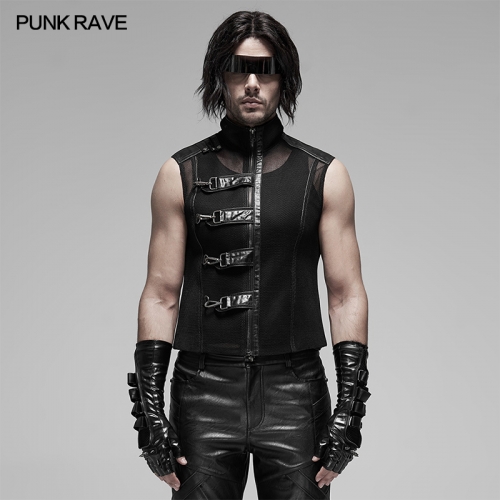 Punk Rave WY-1185MJM Punk Front Inner Metal Zipper Decorative Cloth With Press Glue Rough Non-Elastic Woven Mesh Cloth See-Through Vest