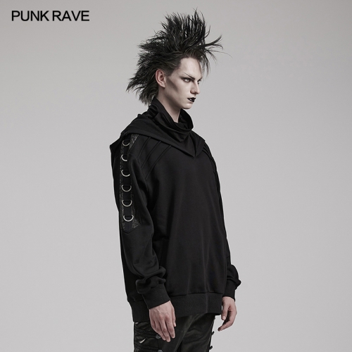 Punk Rave Hooded And Super High Extension Collar Buckle Arrayed Micro-Stretch Jersey And Crackled Faux Leather Fabric Punk Distinctive Loose Sweater