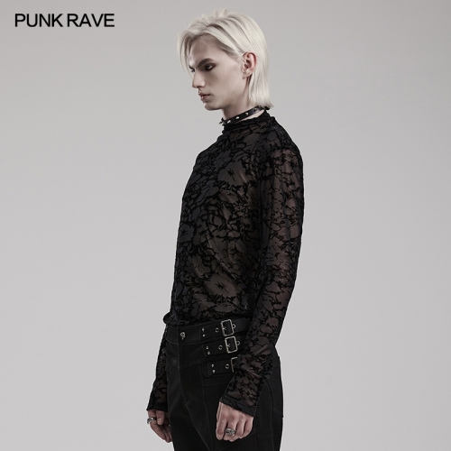 Punk Rave WT-834TCM Handsome And Slim Fitting Silhouettes Elastic Flocked Mesh Fabric Goth Perspective Printed Mesh T-Shirt