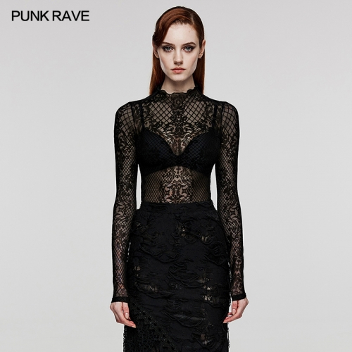 Punk Rave Gothic Mystery Custom Printed Flocked Pattern Elastic Flocked Mesh Fabric Goth T-Shirt