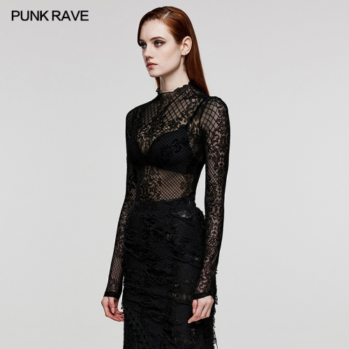 Punk Rave Gothic Mystery Custom Printed Flocked Pattern Elastic Flocked Mesh Fabric Goth T-Shirt