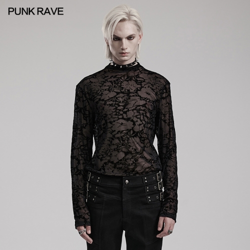 Punk Rave WT-834TCM Handsome And Slim Fitting Silhouettes Elastic Flocked Mesh Fabric Goth Perspective Printed Mesh T-Shirt