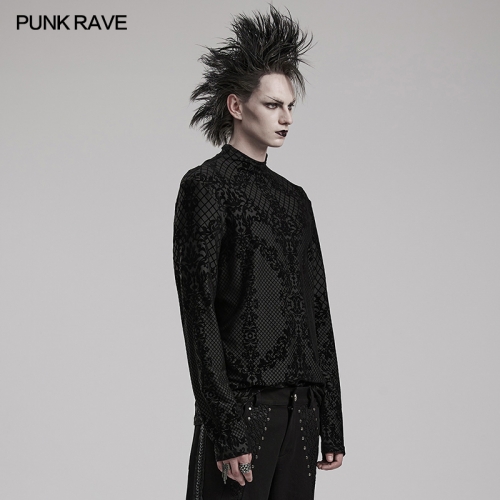 Punk Rave WT-830TCM High Collar Unique Aesthetic Positioning Flocking Pattern Elastic Knitted Fabric Goth Flocking T-Shirt