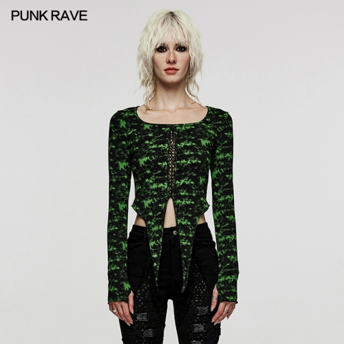 Punk Rave Unique Irregular Pointed Hem Decent Square Neck Design Elastic Knitting Fabric Punk Daily T-Shirt