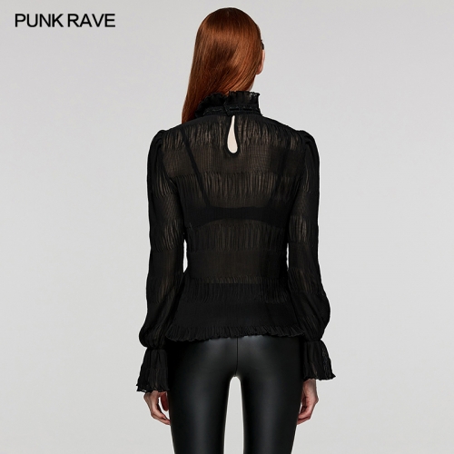 Punk Rave WT-816TCF Lace Stand Collar With Ruffles Special Processed Textured Crimping Chiffon Fabric Goth Shirt