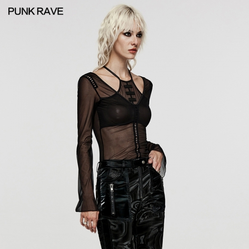 Punk Rave WT-799TCF Sexy Backless Fake Two Pieces Elastic Mesh Fabric Goth Basic T-Shirt