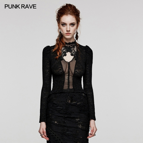 Punk Rave WT-809TCF Rope On Back Waist Delicate Standing Collar With Rose Lace Elastic Lace And Mesh Fabric Gothic Shirt