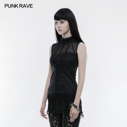 Punk Rave WT-496BXF Collar With Fringed Lace Knitted Jacquard Fabrics Gothic Gorgeous Sleeveless T-Shirt