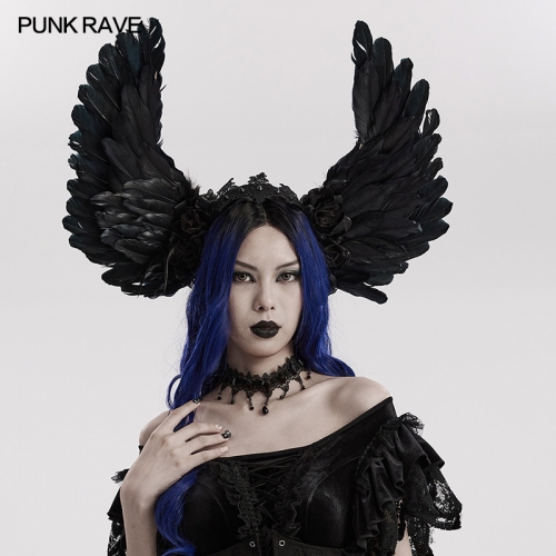 Punk Rave WS-596FSF Beautiful Handmade Fabric Flowers Around Ears Symmetry Devil Wings Shape Goth Faux Feather Wing Headwear