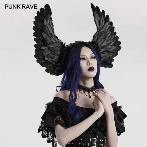 Punk Rave WS-596FSF Beautiful Handmade Fabric Flowers Around Ears Symmetry Devil Wings Shape Goth Faux Feather Wing Headwear