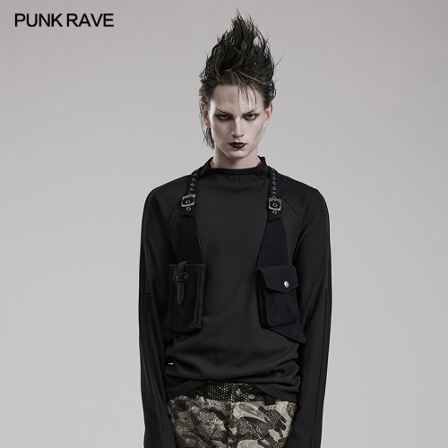 Punk Rave Pockets Vest Knitted Fabric And Cracked Leather Punk Strap Bag