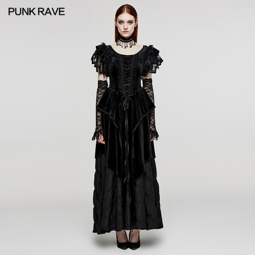Punk Rave WQ-633LQF Flying Sleeve Design V-Shaped Applique Elastic Dense Velvet And Woven Pleated Fabric Goth Pointed Dress Skirt