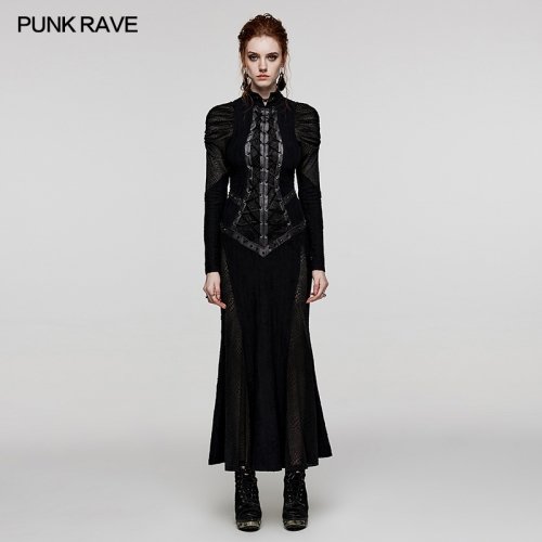 Punk Rave WQ-653LQF V-Shaped Standing Neck Elastic Decadent Knit Fabric And Snake Texture Mesh Gothic Decadent Sexy Dress