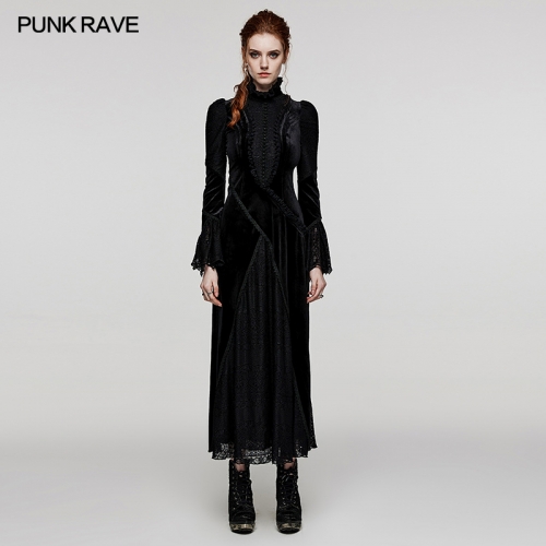 Punk Rave WQ-661LQF Ruffled Standing Collar With Flared Sleeves Elastic Velvet And Lace Gothic Daily Dress