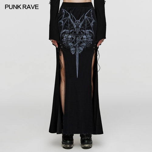 Punk Rave Elastic Waistband Sexy Buttocks Elastic Knit And Lightweight Mesh Fabric Goth Printed Skirt