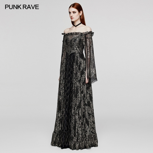 Punk Rave WQ-620LQF Adjustable Drawstrings Exquisite Black Gold Pattern Hollow Mesh Material Gorgeous Gothic Dress