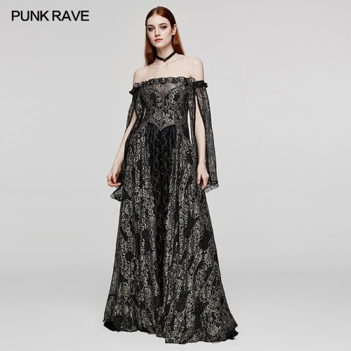 Punk Rave WQ-620LQF Adjustable Drawstrings Exquisite Black Gold Pattern Hollow Mesh Material Gorgeous Gothic Dress