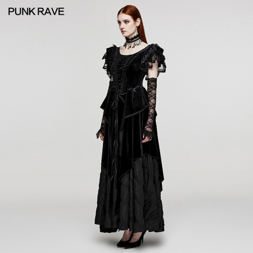 Punk Rave WQ-633LQF Flying Sleeve Design V-Shaped Applique Elastic Dense Velvet And Woven Pleated Fabric Goth Pointed Dress Skirt